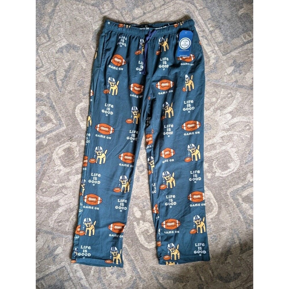Life is Good Lg Green Football Dog Game On Pajama Pants Lounge 32x29